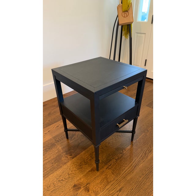 Thornapple 1-Drawer Bedside or End Table One Woodbridge Furniture end table/nightstand in matte black, featuring a reeded...