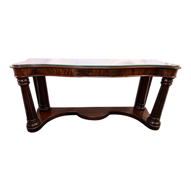 Monumental Flame Mahogany Fluted Corner Serpentine Front Console Table With Beveled Glass Top For Sale