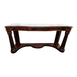Monumental Flame Mahogany Fluted Corner Serpentine Front Console Table With Beveled Glass Top