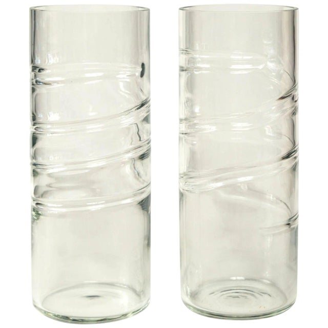 Murano glass vase, signed Barbini, 20th Century, Italy. Cylinder shape vase with dynamic swirl pattern. A discontinued,...