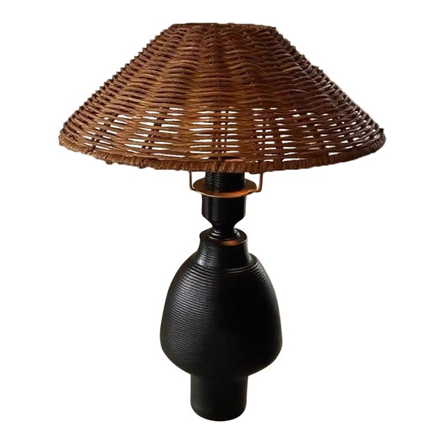 Vintage Rattan & Black Texture Ceramic Lamp For Sale