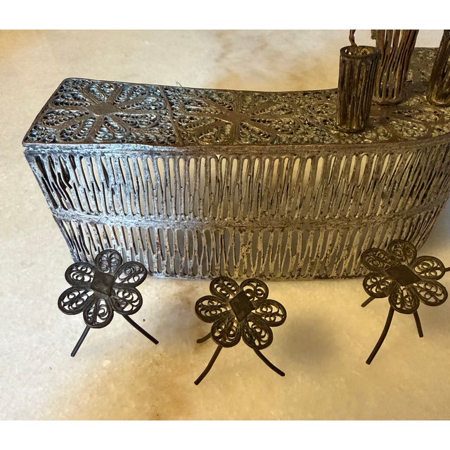 Vintage Silverplated Filigree Miniature Cocktail Bar & Stool Set - 8 Pieces - Daisy Inlay For Sale - Image 10 of 13