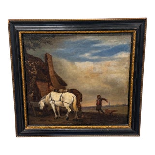 After Paulus Potter (1649), "Horses Tethered at a Cottage Door" 18th Century For Sale