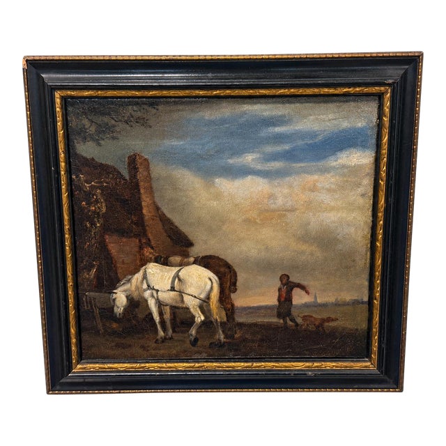 After Paulus Potter (1649), "Horses Tethered at a Cottage Door" 18th Century For Sale