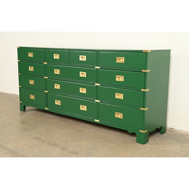Drexel Heritage Drexel Heritage Mid-Century Hollywood Regency Campaign Green Lacquered Dresser | Newly Refinished For Sale - Image 4 of 13