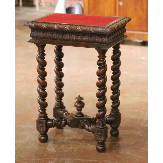 19th Century French Louis XIII Carved Walnut Side Table With Velvet Top For Sale - Image 13 of 15