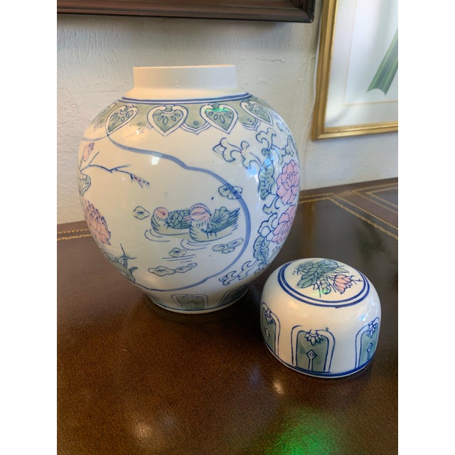 Asian Vintage Asian Blue & White Ginger Jar With Floral & Bird Motif For Sale - Image 3 of 8