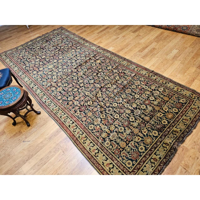 Textile Antique Karabagh Gallery Rug, Hand-Knotted Wool, Allover Geometric Pattern, Navy & Tan, 7' X 14' For Sale - Image 7 of 17