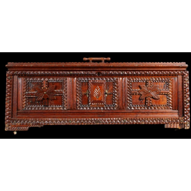 Folk Art 19th-C. Victorian Era Continental Carved Tramp Art / Folk Art Trunk or Box For Sale - Image 3 of 7