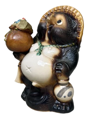 Vintage Tanuki Statue Japanese Lucky Charm with Money Pouch, 1980