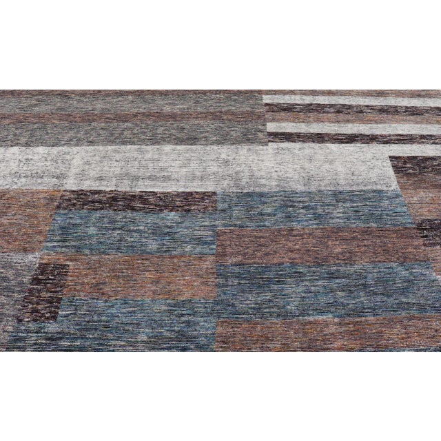 Blue Modern Indian Wool Abstract Design Large Area Rug in Blues and Neutrals For Sale - Image 8 of 11