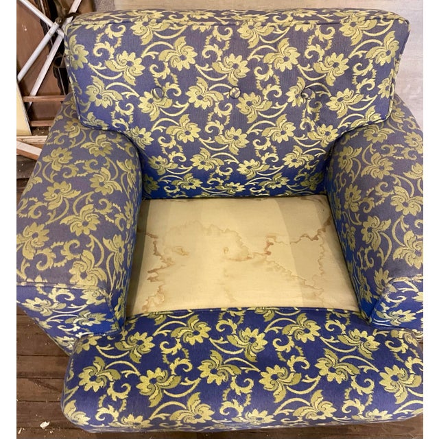 Mid 20th Century Mid 20th Century Blue Shiny & Matt Lime Green Floral Upholstery Club Lounge Chair For Sale - Image 5 of 12