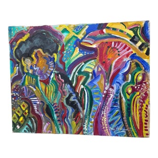 1970s Vintage Bold Colorful Expressionist Abstract Figurative Painting on Canvas For Sale