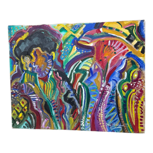 1970s Vintage Bold Colorful Expressionist Abstract Figurative Painting on Canvas