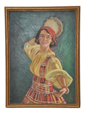 Vintage Early 20th Century Dancer With Tambourine Illustration Oil Painting
