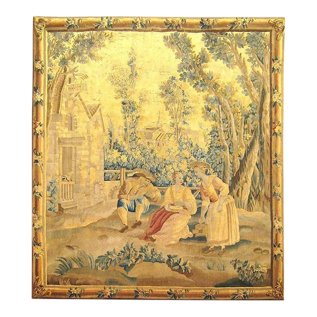 19th Century Flemish Rustic Tapestry, with Villagers Holding a Birdcage For Sale