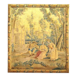 19th Century Flemish Rustic Tapestry, with Villagers Holding a Birdcage