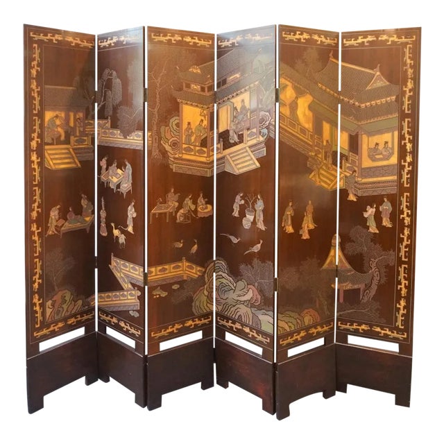 Six-Panel Double Sided Coromandel Asian Screen on Stand For Sale