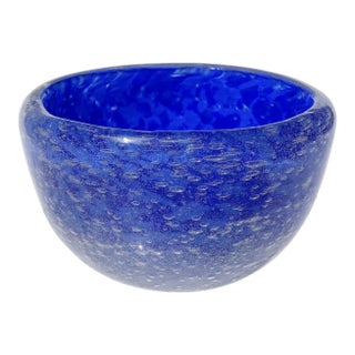 Vintage Murano Miniature Italian Art Glass Cobalt Blue Pulegoso Bubble Technique Bowl Vide-Poche For Sale
