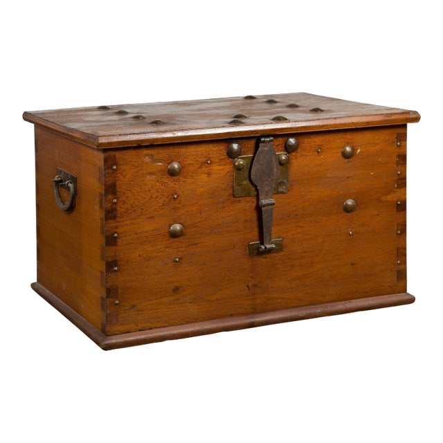 Mid 20th Century Vintage Indonesian Chest with Unique Latch & Side Handles For Sale