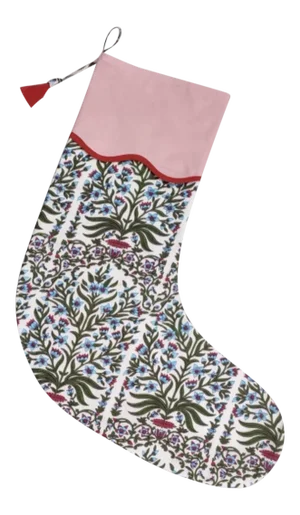 Handmade Blue Botanical Christmas Stocking with Red Piping