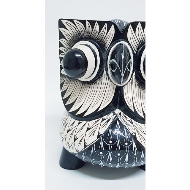 Hand-Painted Monochrome Wooden Owl For Sale - Image 3 of 12