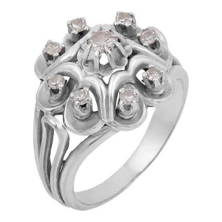 1950s Mid Century French Diamond 18k White Gold Cocktail Ring, Size 6.25 For Sale