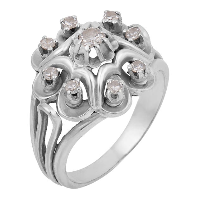 1950s Mid Century French Diamond 18k White Gold Cocktail Ring, Size 6.25 For Sale