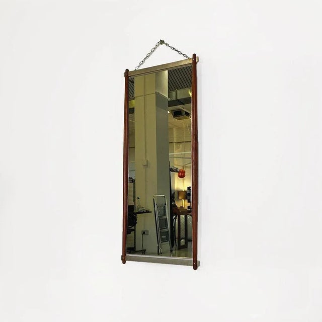 Rectanguular Mirror with Frame Composed of Two Long Shaped Solid Teak Wood Laths and Two Flat Satin-Finished Steel Laths...