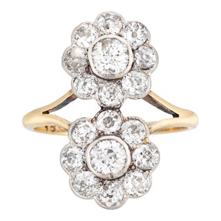 Early 20th Century Antique Edwardian 2.20ct Diamond Ring Cluster Double Flower 14k Pt Engagement size 6.5 For Sale