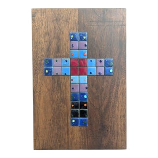 Mid 20th Century Mosaic Tile and Wood Cross Wall Hanging For Sale