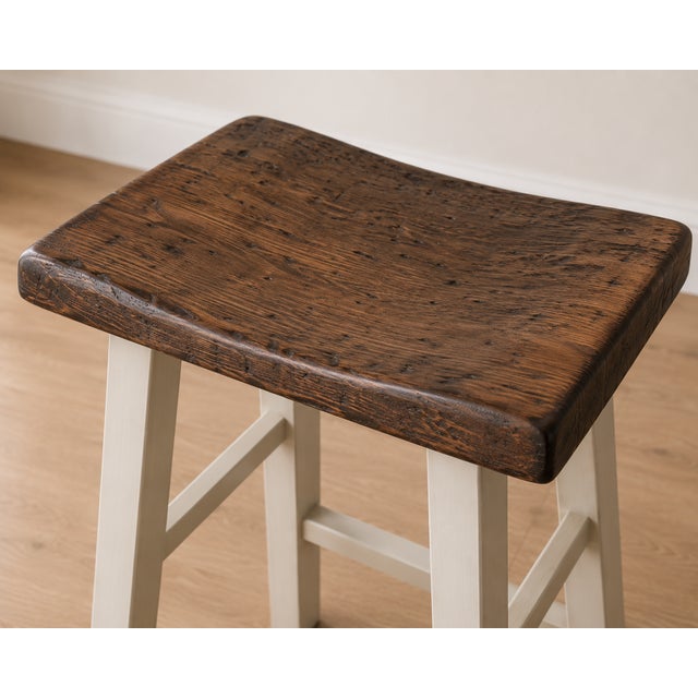 Contemporary Pair of Mid 20th Century Modern Rustic Live Edge Wood Counter Stools With White Painted Bases For Sale - Image 3 of 3