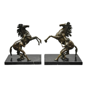 Late 20th Century Vintage Bronze Marly Horse and Tamer Sculpture After Coustou on Marble Base Pair
