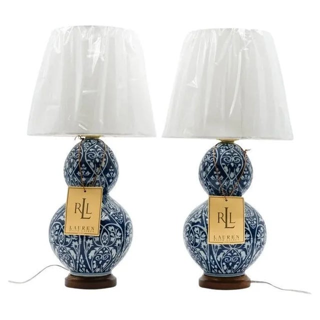 Blue Large Blue and White Ceramic Table Lamps from Ralph Lauren, Set of 2 For Sale - Image 8 of 8