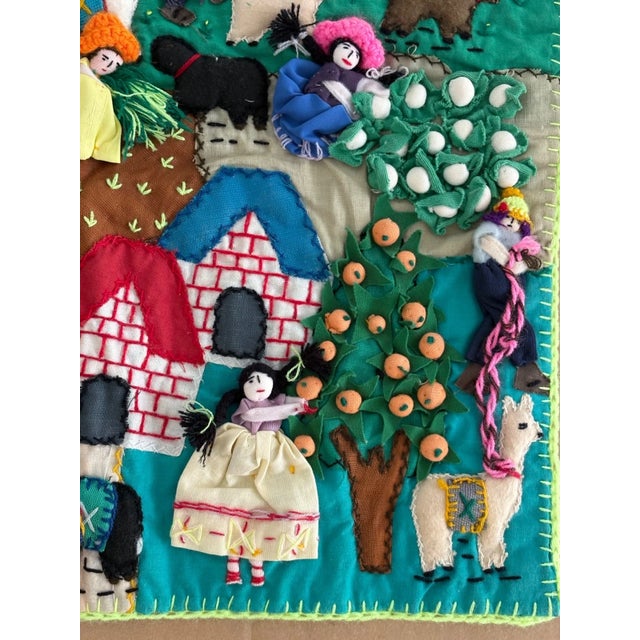 Late 20th Century Peruvian Arpillera Wall Hanging -Embroidered Appliquéd Dimensional Farming Scene For Sale - Image 5 of 6