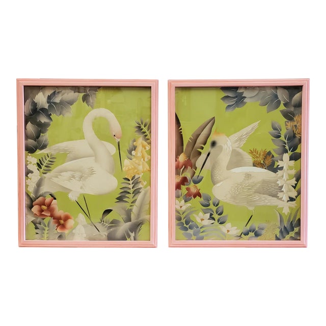 1940s Vintage Crane & Floral Prints, a Pair in Pink Frames For Sale