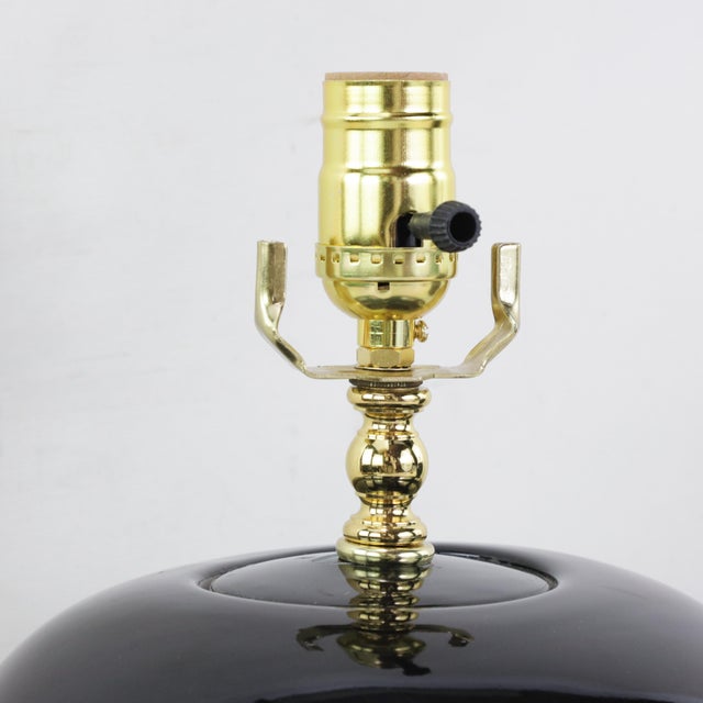 A Pair Early 20th Century Black Monochrome Porcelain Watermelon Jar Table Lamps on Carved Wood Bases For Sale - Image 11 of 15