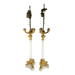 1900s Empire Style Carrera Marble and Bronze Dore Candelabra Lamps - a Pair