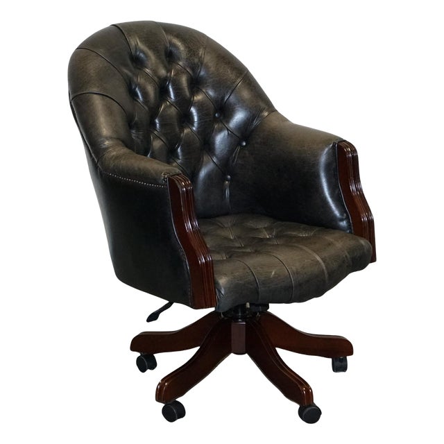 Vintage Chesterfield Dark Aged Grey Leather Directors Swifel Captains Chair For Sale