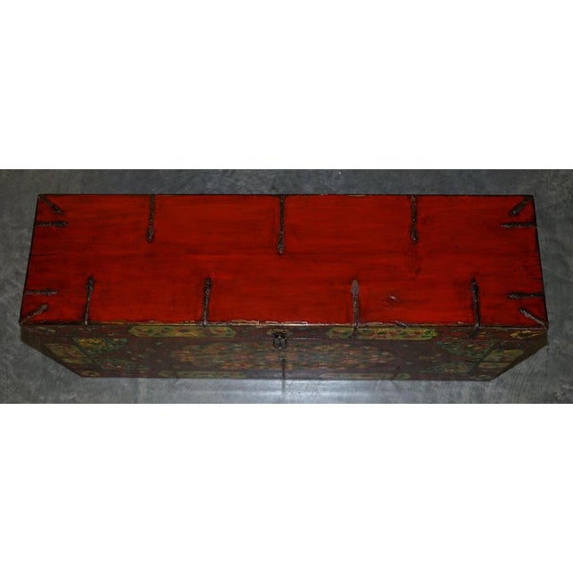 Wood Chinese Hand Painted Linen Trunk For Sale - Image 7 of 18