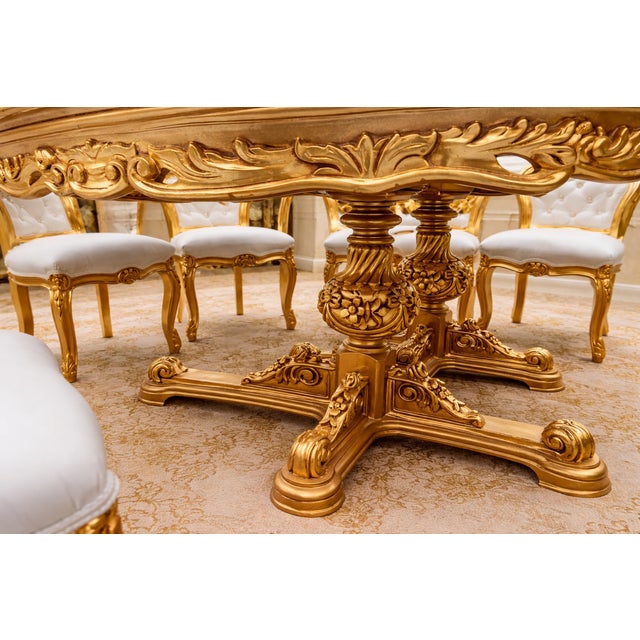 Late 20c Italian Baroque White Gold Beech Dining Set 7Pc For Sale - Image 4 of 13