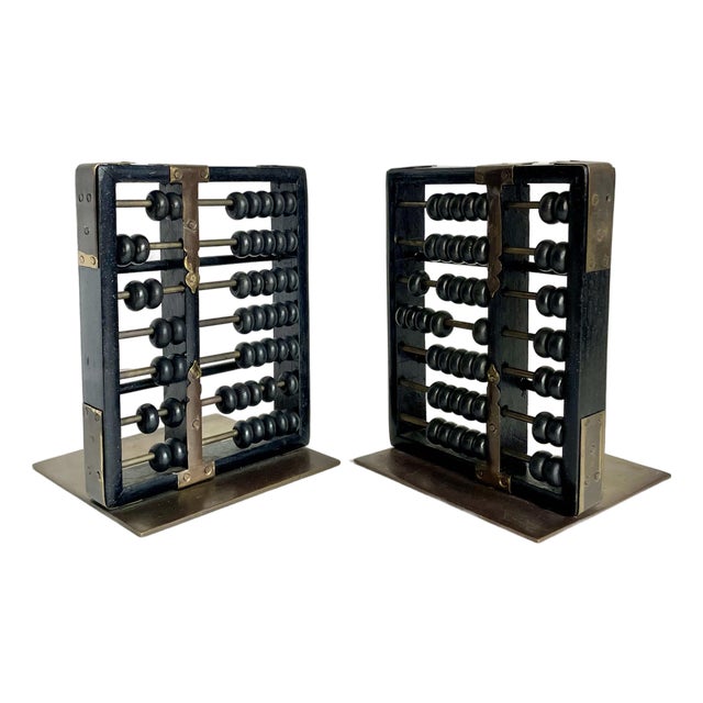 Vintage Hong Kong Brass & Black Abacus Bookends With Movable Wood Beads For Sale
