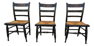 Early 20th Century Set of 3 Antique Black and Gold Painted and Stenciled, Rush-Seated Dining Chairs.