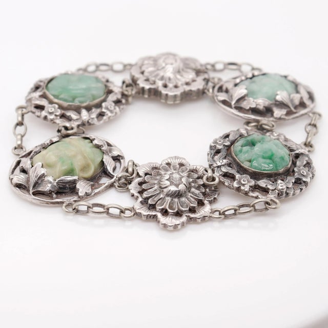Silver Vintage Signed Art Deco Chinese Sterling Silver & Jadeite Bracelet For Sale - Image 8 of 12