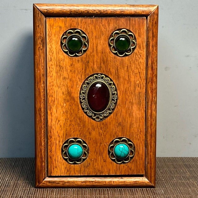 Wood Vintage Rosewood & Gemstone Inlaid Treasure Box / Jewelry Organizer With Drawer For Sale - Image 7 of 9