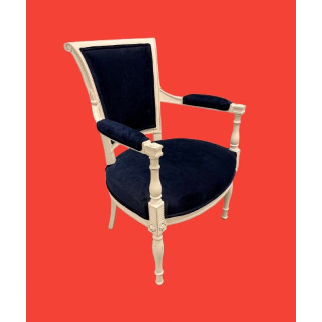 Vintage Classic French “ Petite “ Louis XVI Style Armchairs Featuring Deep Navy Blue Velvet Upholstery - A Pair For Sale - Image 11 of 12