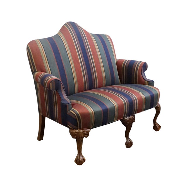 HIGH END VINTAGE Solid Mahogany Traditional Style 54" High Camelback Loveseat Settee w. Striped Upholstery Cannot identify...