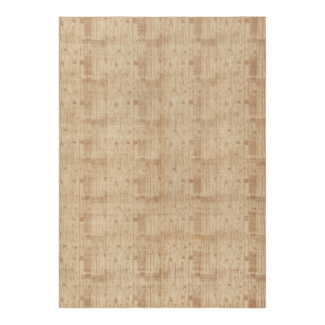 1960s Distressed Art Deco Rug in All Over Beige-Brown Geometric Pattern For Sale