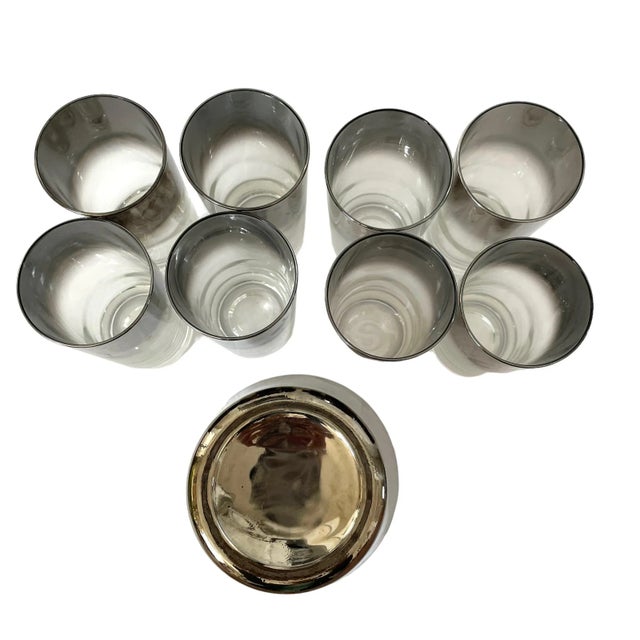 Queen's Lusterware Bar Set Silver Ombre 8 Highball Glass Ice Bucket Chrome Caddy For Sale - Image 9 of 9