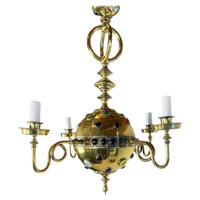 Early 20th Century Brass Moroccan Style Chandelier with Colored Stones For Sale - Image 15 of 18